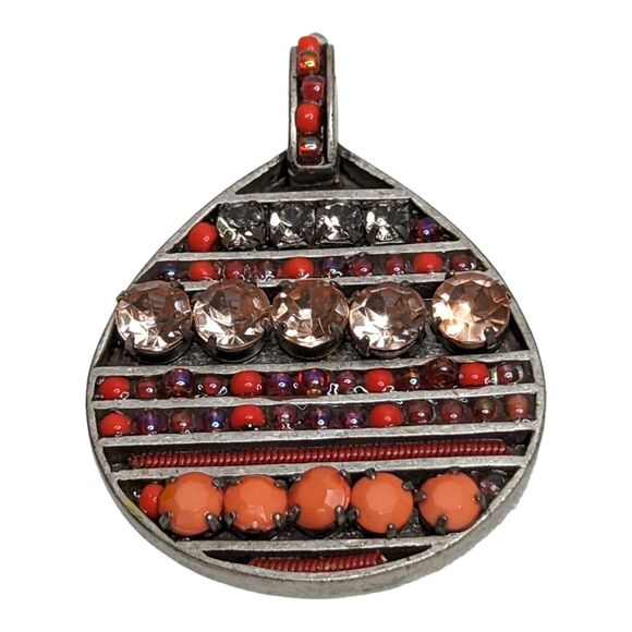 Handmade Artisan Pink Beads & Rhinestone Silver Metal Necklace Pendant - Picture 1 of 4
